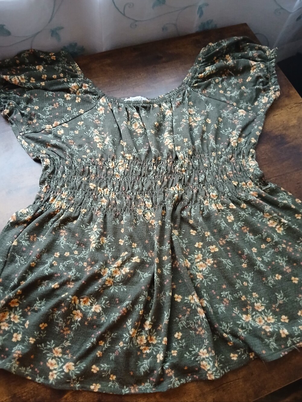 Smocked Waist Floral Tunic Top in Olive Green